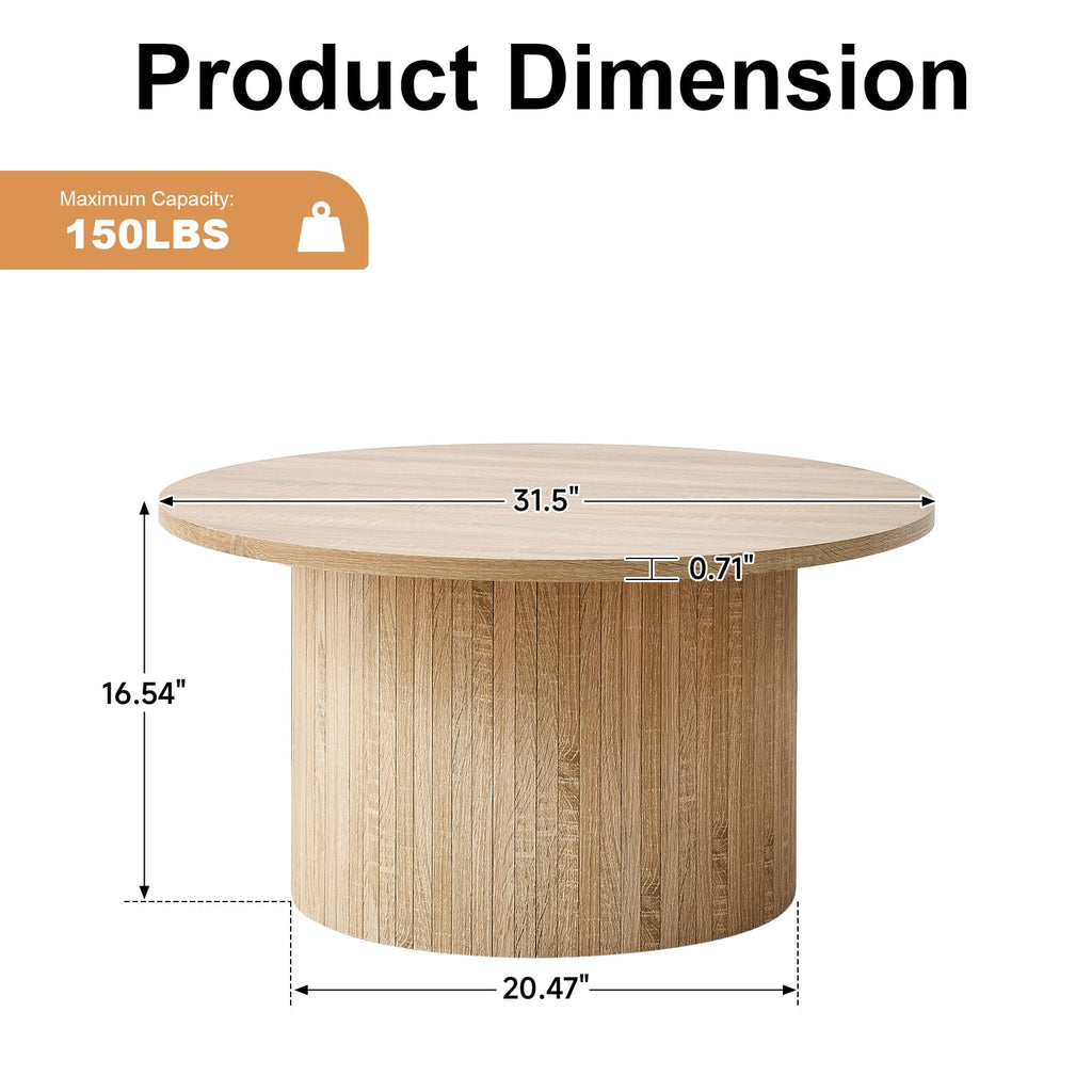 31.5" Round Coffee Table with Fluted Pedestal Base, Natural