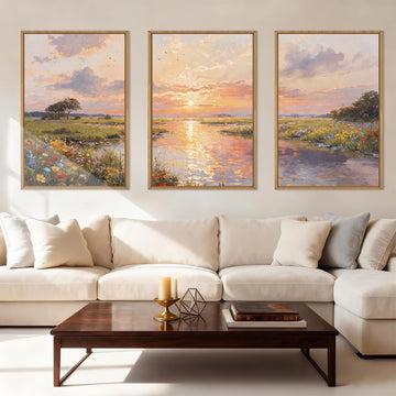 Extra Large Sunset Wildflower Framed Canvas Wall Art 24x36 Inch Nature Floral Meadow Artwork Flower Tree Scenic Wall
