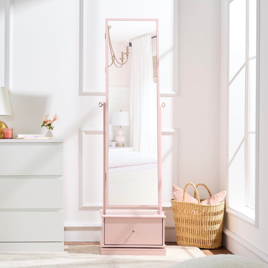 360 Swivel Mirrored Jewelry Cabinet, Standing Armoire, Makeup Storage Organizer, w/LED-lit Mirror, 3 Shelves - Dusty