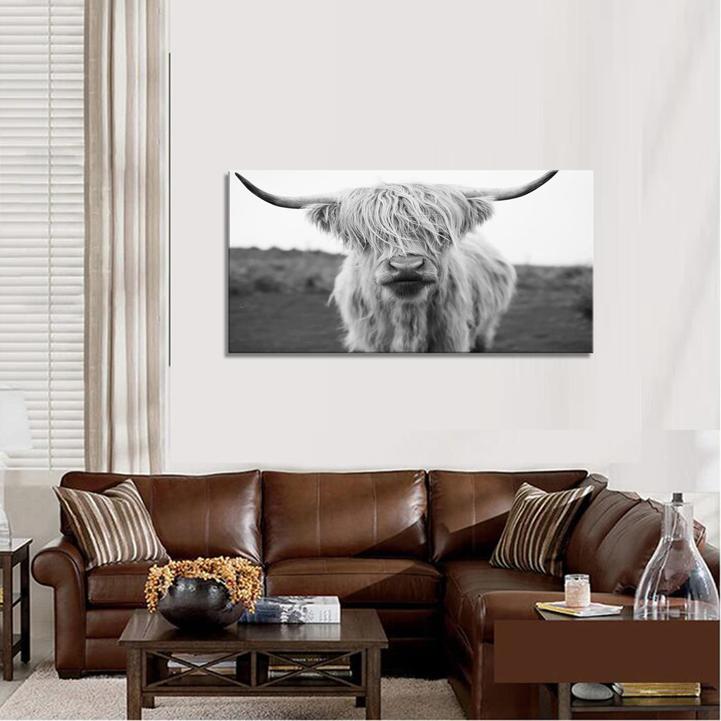 Highland Cow Canvas Art - Black and White Animal Wall Art Decor