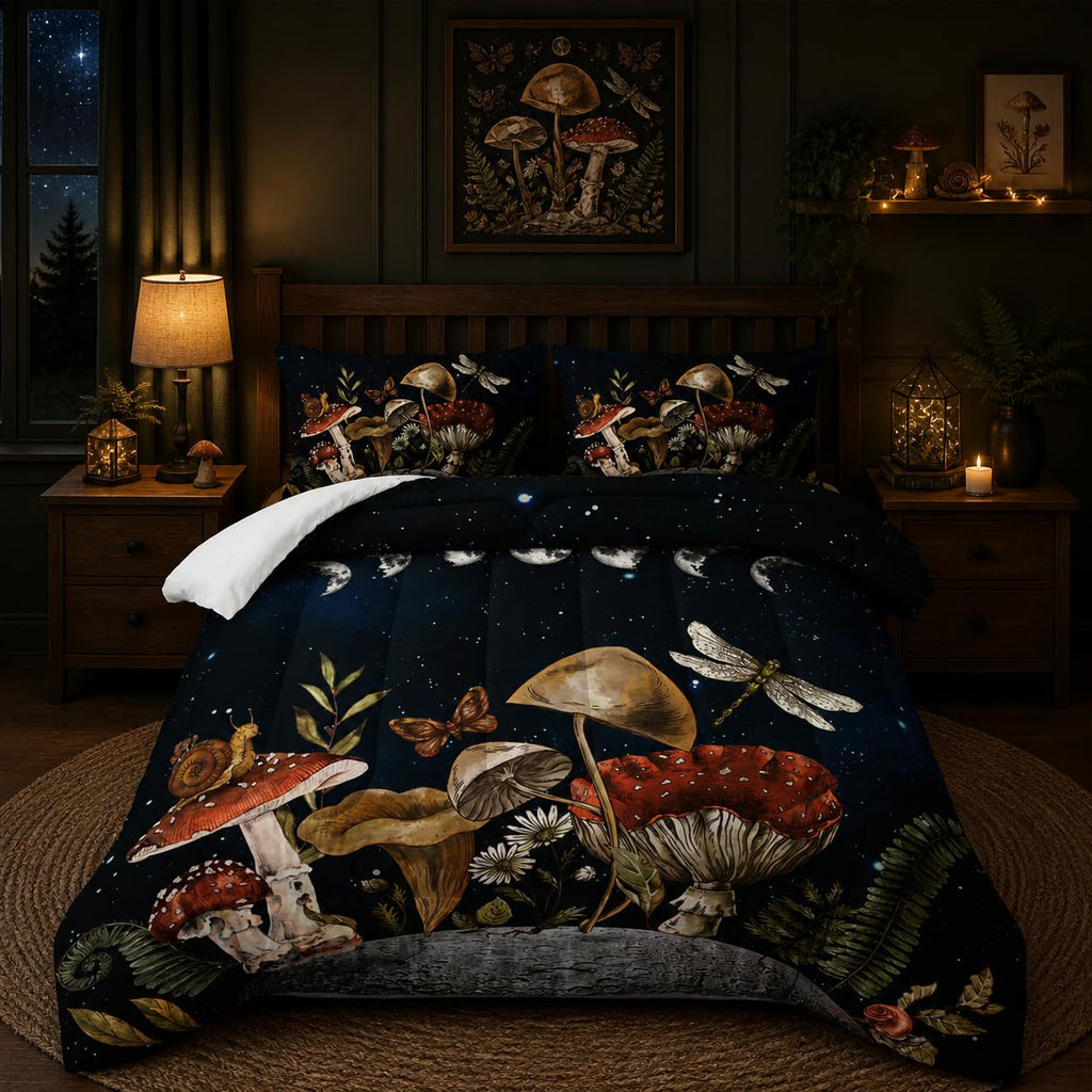 Mushroom Bedding Set Full, Black Mushroom Full Comforter Set, Boho Mushroom Bedroom Decor, Full Bedding Sets