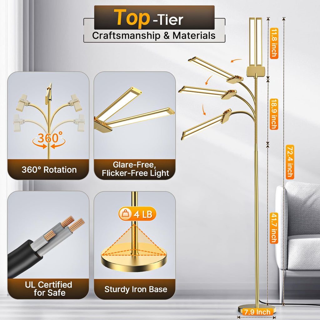 LED Floor Lamp, 18W Bright Reading Floor Lamp, Gesture & Remote Control, Dual Head Gooseneck Standing Lamp