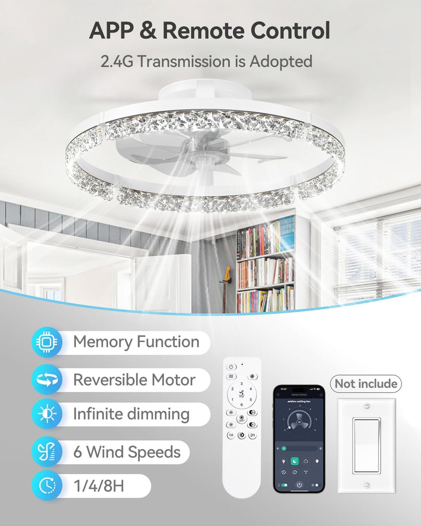 Ceiling Fans with Lights and Remote, 20'' Low Profile Ceiling Fans, 3000-6000K Dimmable Modern Flush Mount LED Fan Light, Fandelier Ceiling Fan for Bedroom, Kitchen, Living Room, White A101-B0DP27M8RT