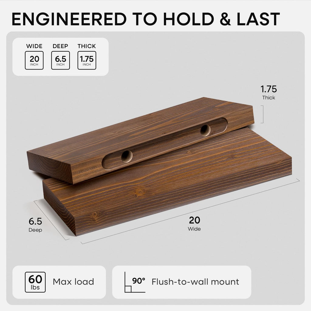20 Inch Floating Shelves, High-End Solid Pine Wood, Set of 3