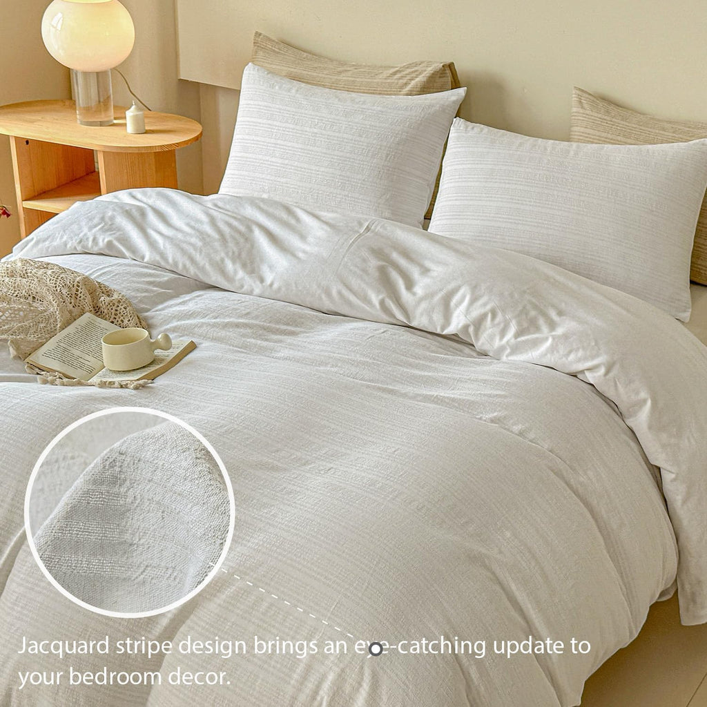 Duvet Cover, 2 PCS Natural Linen Cotton Blend Bedding Set with Striped Jacquard-1 Duvet Cover 1 Pillowcase