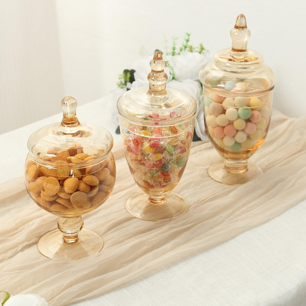 Set of 3 Amber Gold Apothecary Glass Jars with Snap On Lids, Decorative Footed Storage Jars Candy Buffet Containers