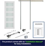 Sliding Pocket Door 24" x 80", 5-Panel Frosted Glass Panel with Soft Close Pocket Door Frame Kit, In