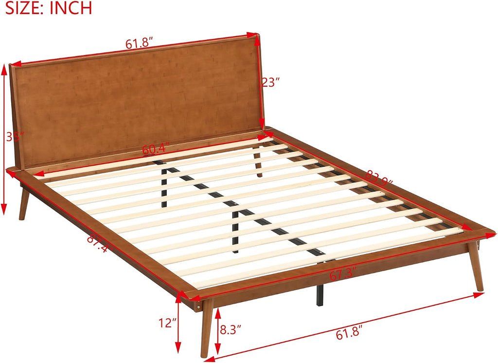 Queen Size Bamboo Platform Bed Frame with Headboard, Walnut Brown