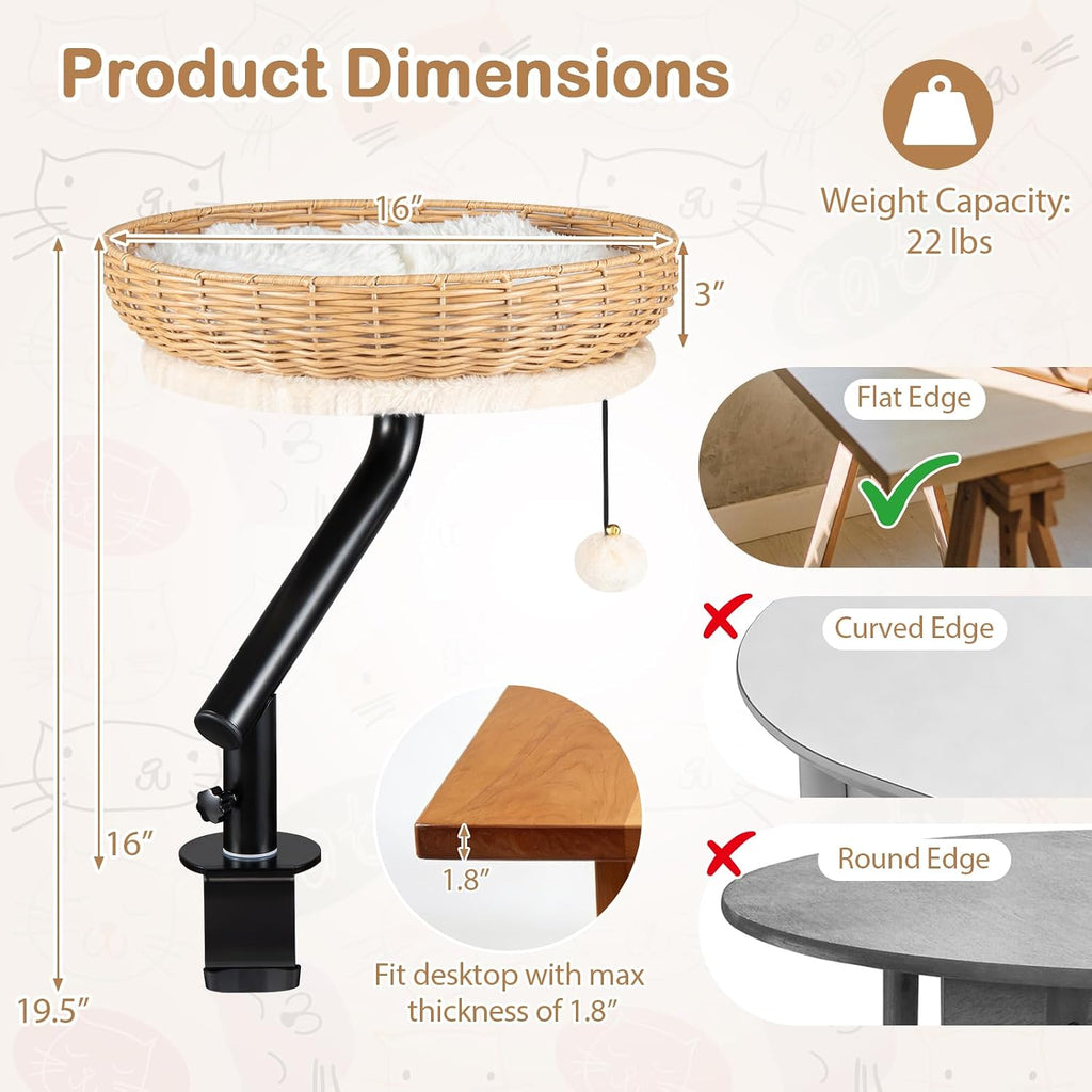 Cat Desk Bed, 360° Rotatable Rattan Desk Cat Bed Attachment with Removable Padded Cushion, Hanging Jingling Ball &