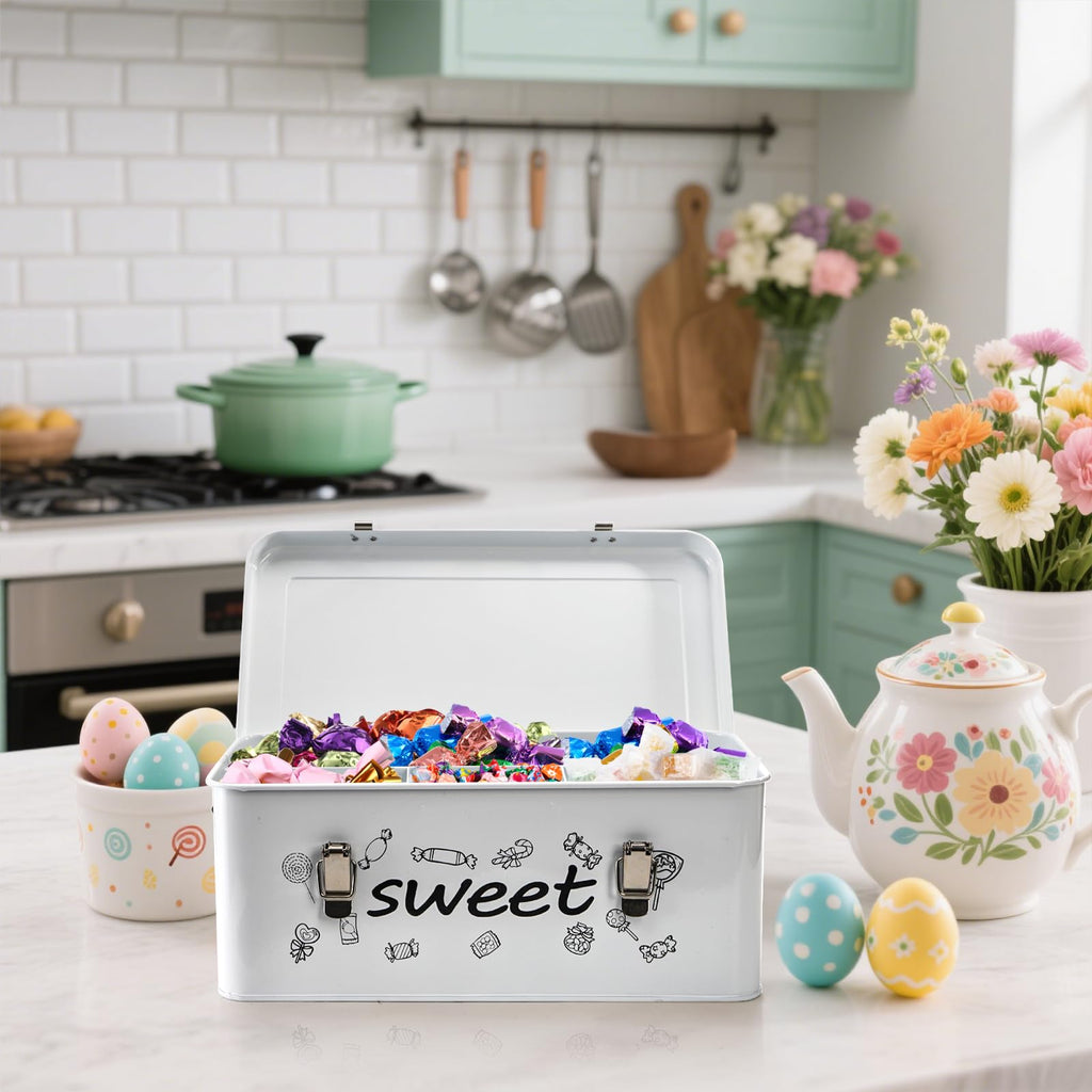 Candy Storage Box, 4 Compartments Metal Candy Cookies Snacks Storage Tin Box with Lid Food Storage Container