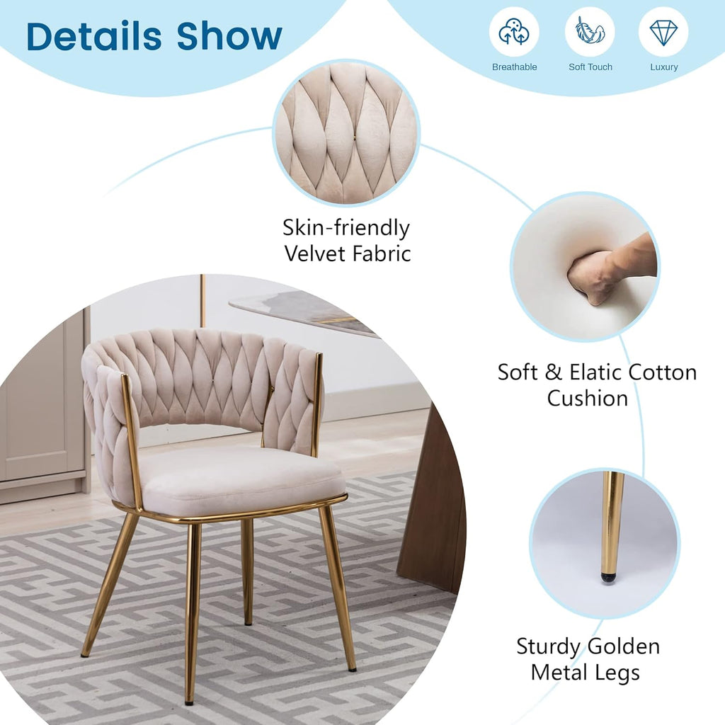 KCC Modern Velvet Dining Chairs Set of 2, Upholstered Living Room Chair with Woven Back and Golden Metal Legs