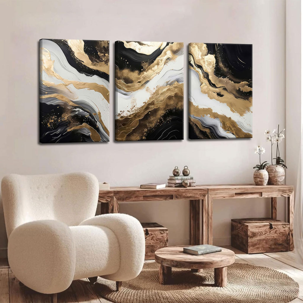 Black and Gold Abstract Canvas Wall Art Set of 3 Abstract Black Gold Marble Wall Decor Pictures Neutral Modern