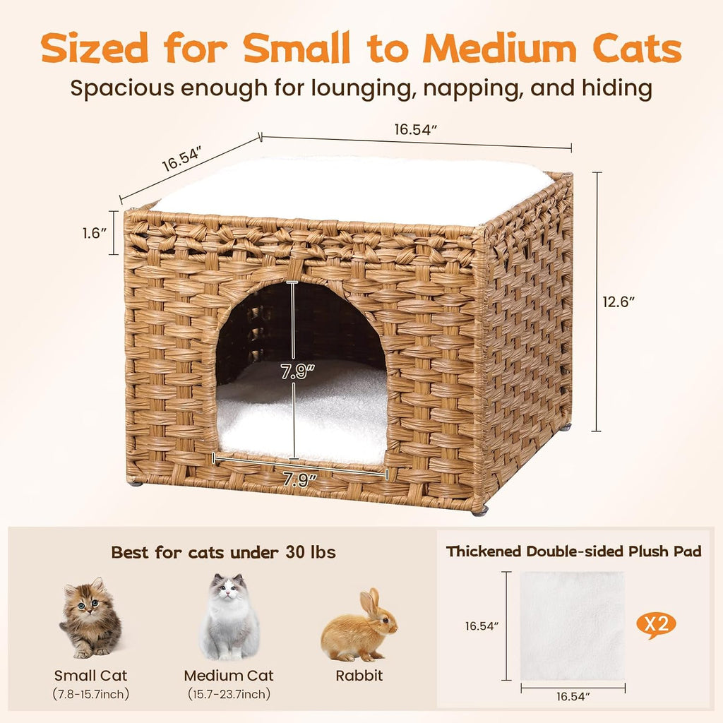 Handwoven Rattan Cat House - Indoor Foldable Cat Bed Cave with 2 Removable Bed Mats, Large Kitten House, Hideaway Pet
