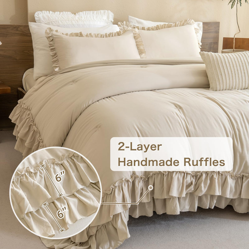 Ruffle Comforter Full Size, Farmhouse Shabby Boho Chic Ruffled Bedding Sets Full, 3PCS Vintage Rustic Soft Microfiber