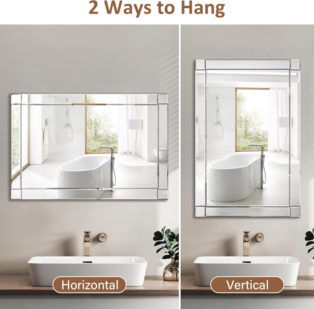 24x36 Inch Rectangle Bathroom Vanity Mirror for Wall, Modern Frameless Wall Mirrors with Beveled Edge