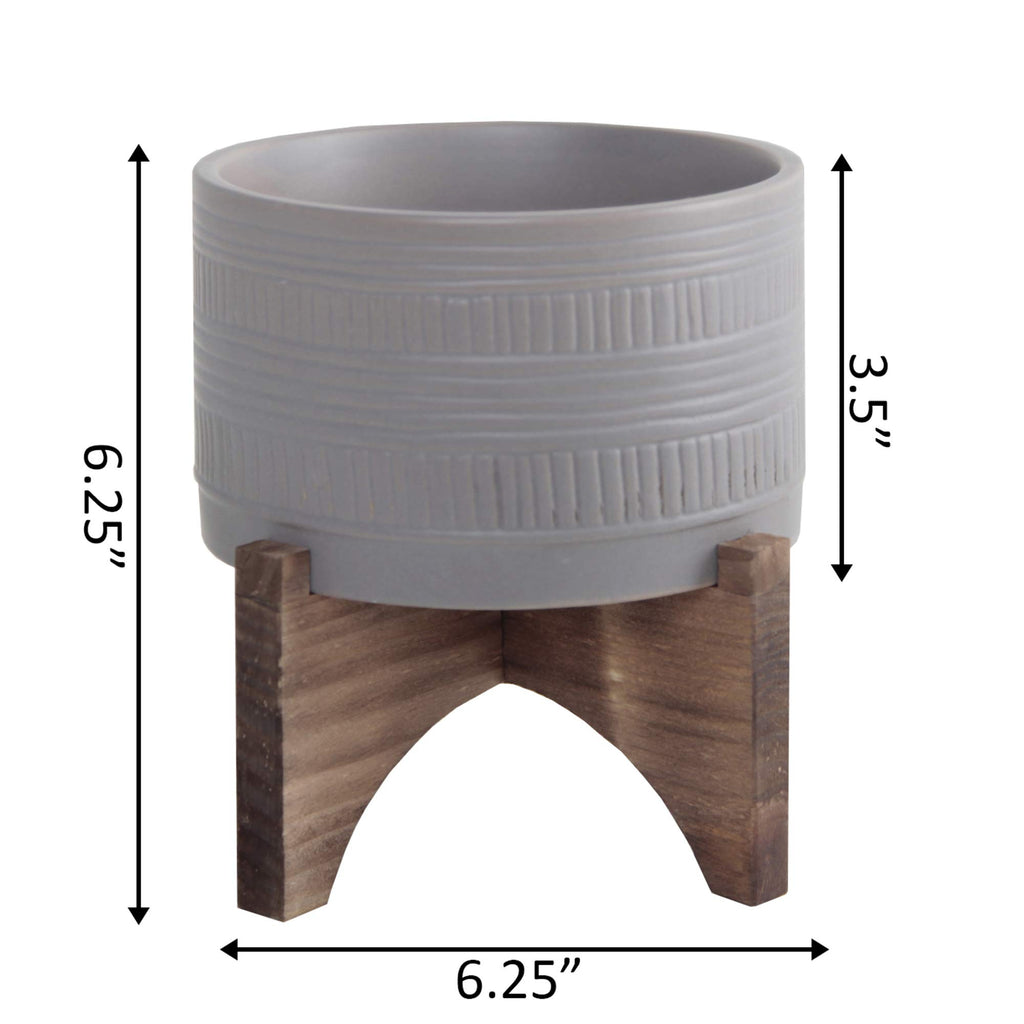 Mid-Century 5 Inch Pueblo Texture Planter on Wood Stand, Pueblo Dark Grey 5"