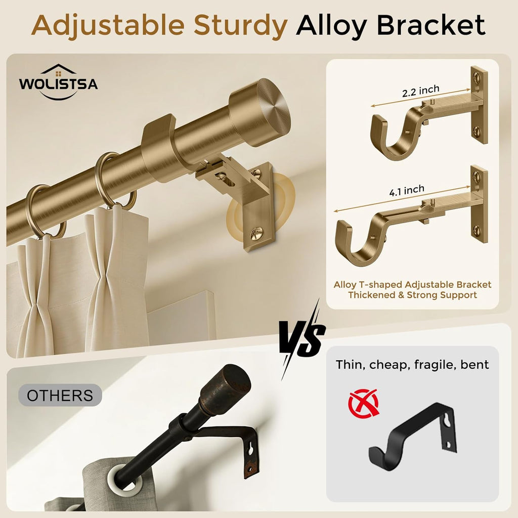 Brass Gold Curtain Rod 34 to 92 Inch, Brushed Warm Gold 1 Inch Adjustable Heavy Duty Curtain Rods for Windows