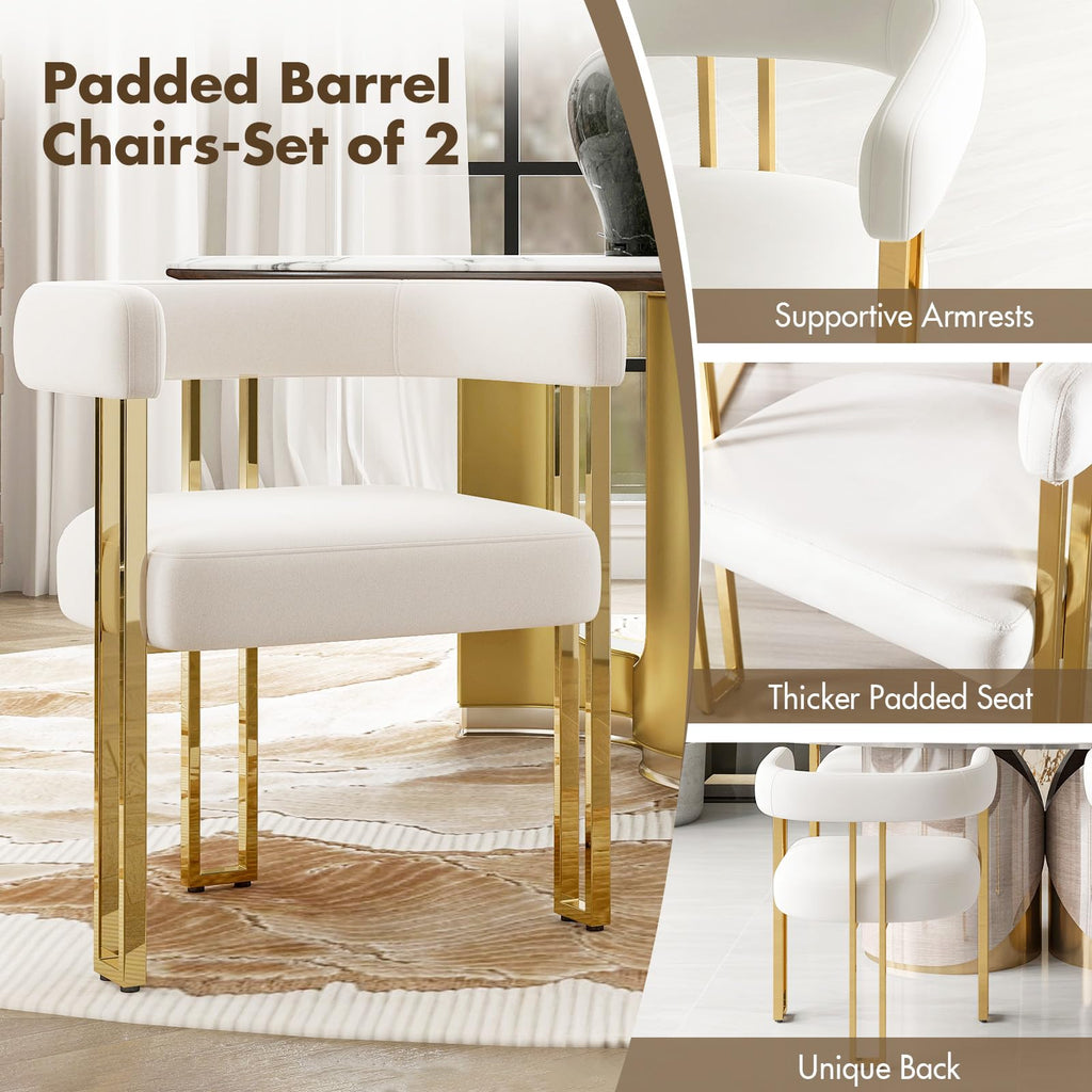 Beige and Gold Modern Dining Chairs Set of 2, Velvet Upholstered Barrel Armchairs with Metal Legs Island, Mid Century