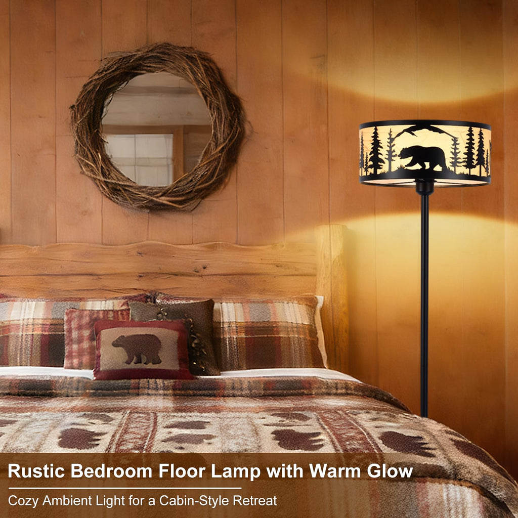 Rustic Floor Lamp, Deer Bear Forest Drum Shade Black Farmhouse Standing Light, 57.67" Metal Gothic Floor Lamp, Corner