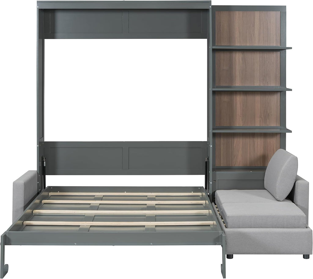 Queen Murphy Bed with Sofa and Shelves, Gray | Space-saving sleeping solution with integrated seating and display