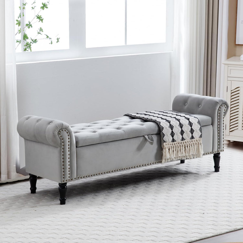 67" End of Bed Storage Bench King Size, Storage Bench End of Bed, Upholstered Velvet Tufted Storage Ottoman Benches