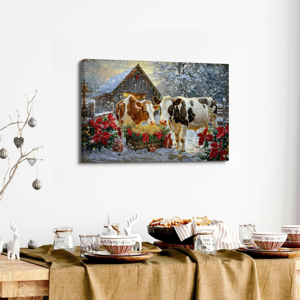 Farmhouse Cow Canvas Wall Art Living Room Bedroom Kitchen Wall Decor Merry Christmas Print Painting Framed