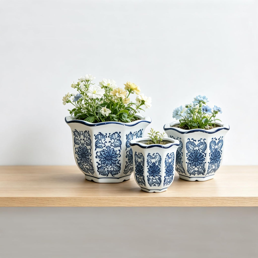 Chinoiserie Décor Planters, Ceramic Flower Pots with Drainage, Set of 3