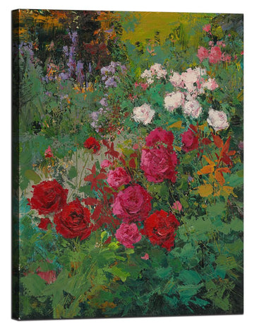 Monet Red Flower & Floral Garden Canvas Print Wall Art 32" x 24" Retro Garden Scenic Wall Decor Kitchen Bedroom