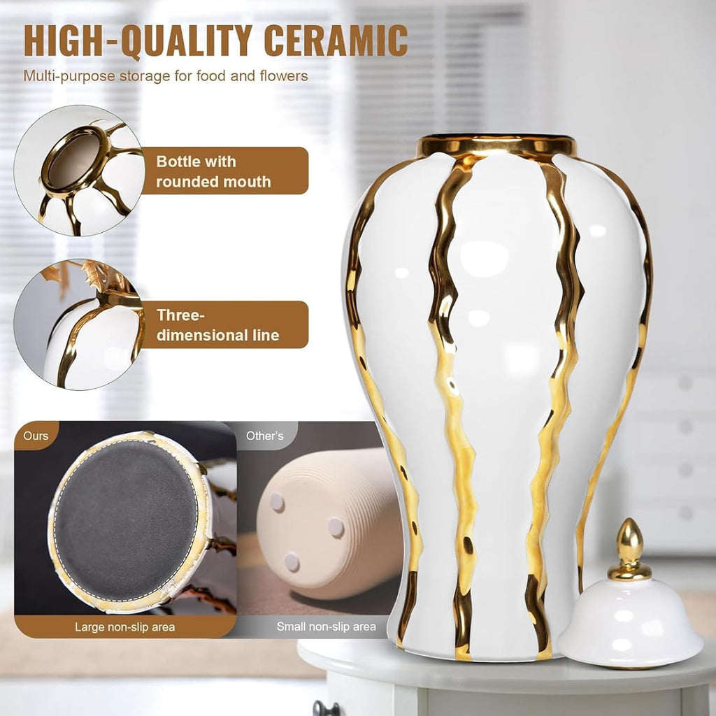 White and Gold Vases for Centerpieces,White Gold Ginger Jars Decor,Large Gold Vases Counter,Vintage Vase with