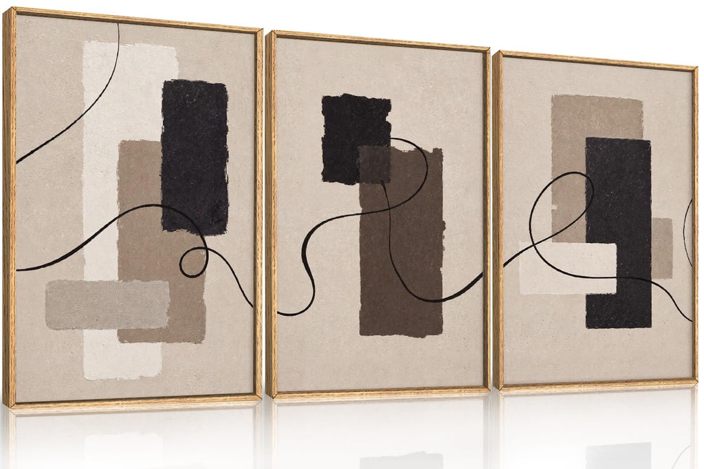 Large Neutral Abstract Brown Framed Canvas Wall Art Set -24''x36''x3
