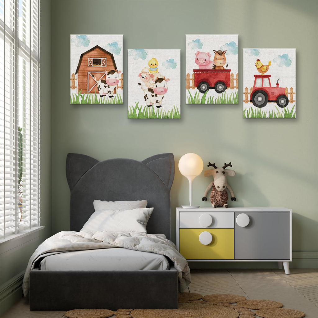 Watercolor Farmhouse Nursery Decor Canvas Wall Art Farm Cute Animal Chicken Cow Pig Wall Decor Artwork Poster Prints