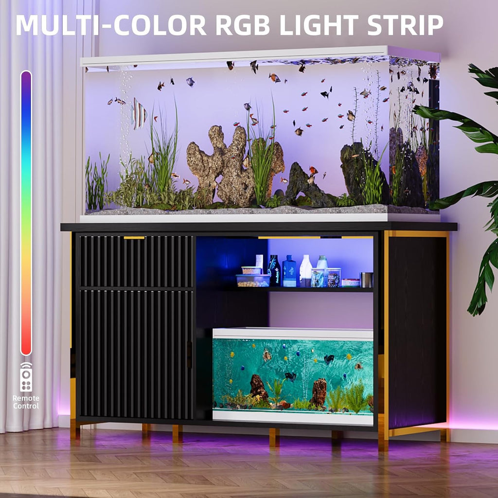 55 Gallon Fish Tank Stand with Power Outlets, Black and Gold Aquarium Stand
