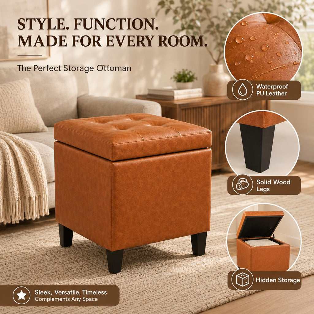 Leather Ottoman with Storage 18" Square Storage Ottoman