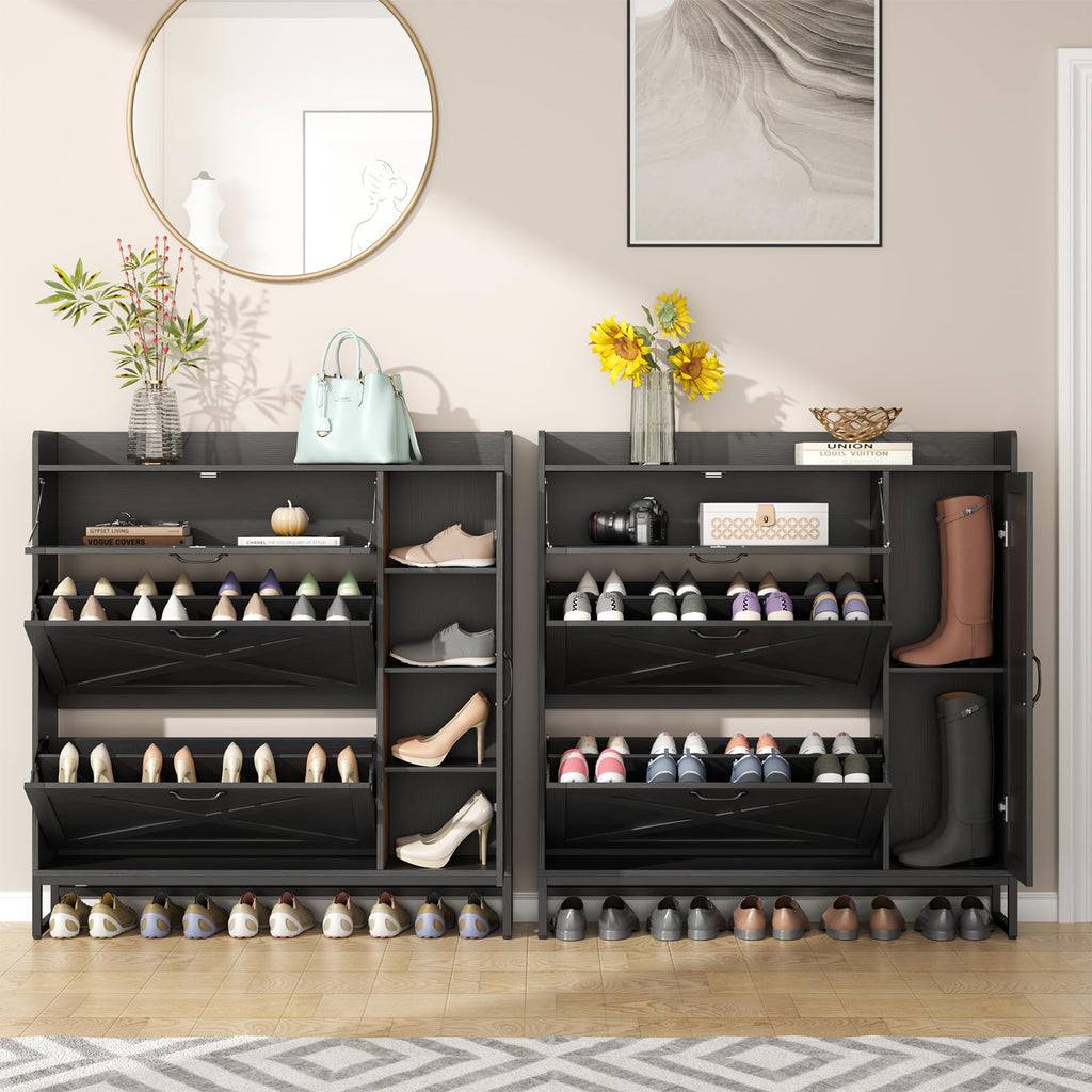 Free Standing Shoe Cabinet with 2 Flip Drawers and Adjustable Side Cabinet