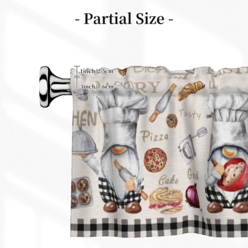 Chef Gnome Kitchen Valance, Black White Buffalo Plaid Short Curtains for Windows, Cooking Utensils Decoration Cafe