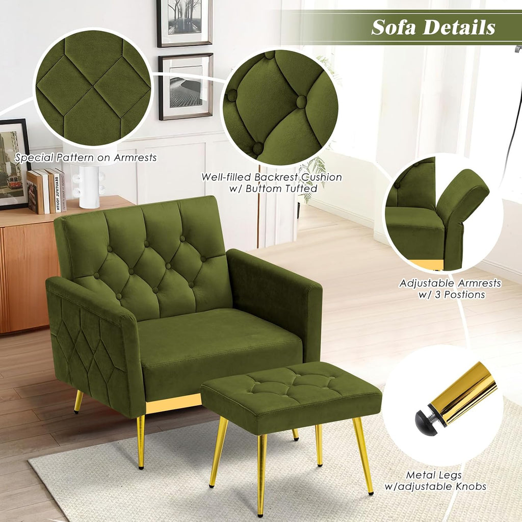 Velvet Accent Chair w/Adjustable Armrests and Backrests, Tufted Single Sofa with Ottoman, Upholstered Reading Chiar