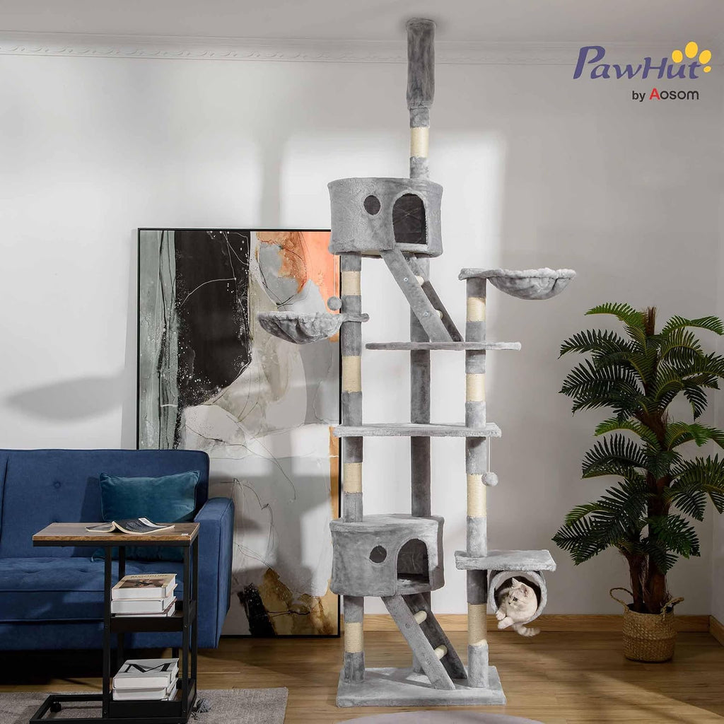 Floor to Ceiling Cat Tree, 94.5-102.5 inch Adjustable Height Cat Climbing Tower with Scratching Posts, Condos