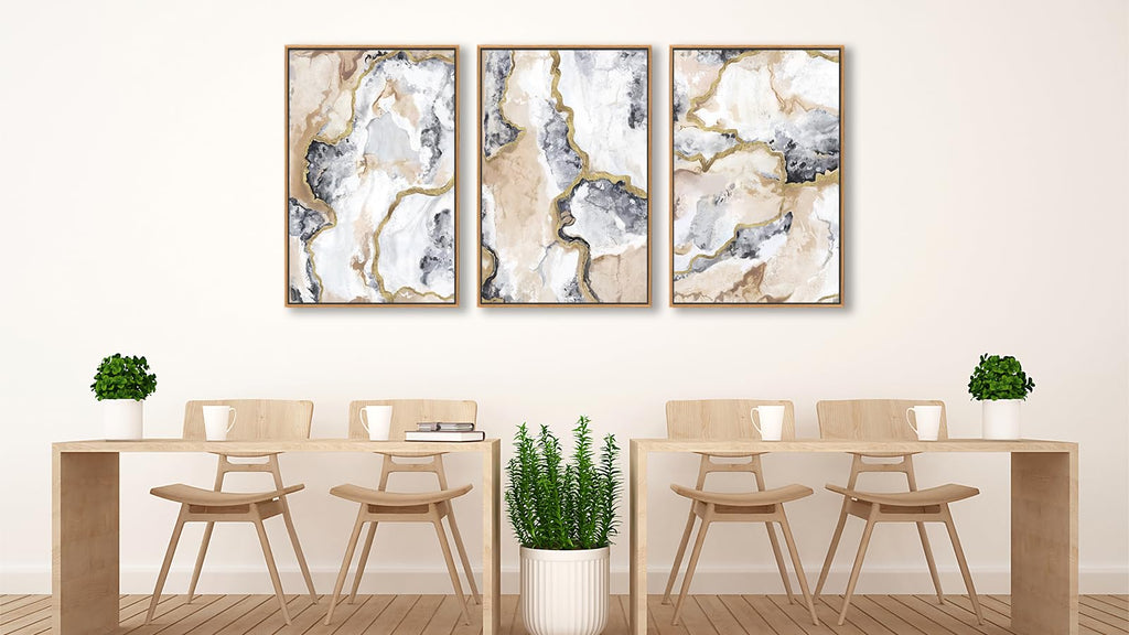 Gray White Gold Framed Wall Art Abstract Marble Canvas Pictures, 48x32in x3