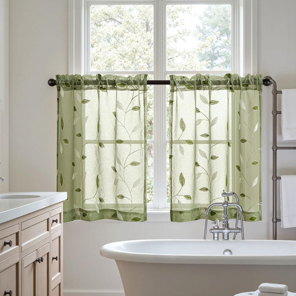 Sage Green Sheer Kitchen Curtains 30x36 Inches Length 2 Panels Embroidered Leaf Patterned Rod Pocket Floral Semi