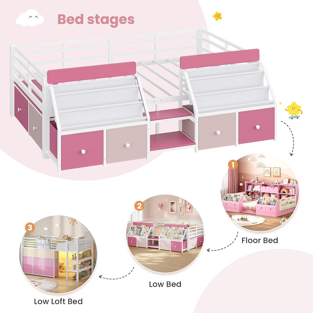 Montessori Kids Floor Bed with Guardrails & 6 Storage Drawers, Pink