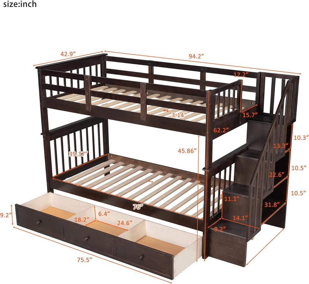 Wood Twin Over Twin Bunk Bed with Drawers and Stairs