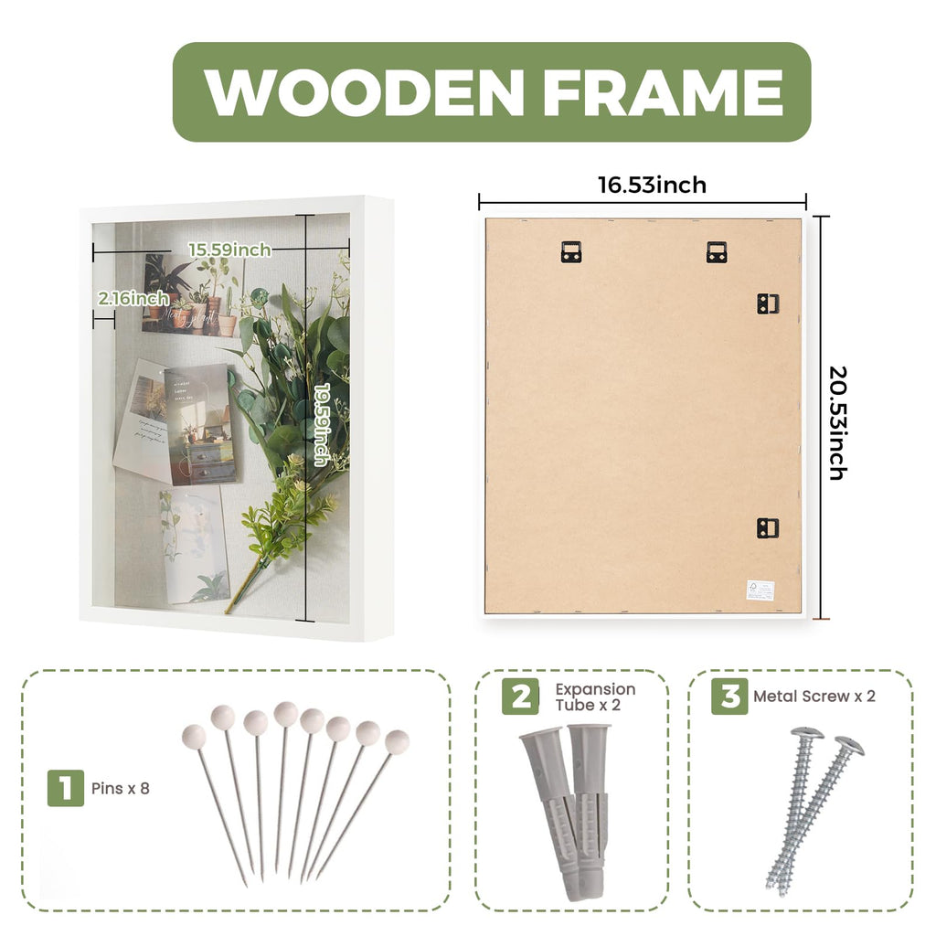 16x20 Shadow Box Wood Picture Frame, 2.16 Deep, Real Glass, White