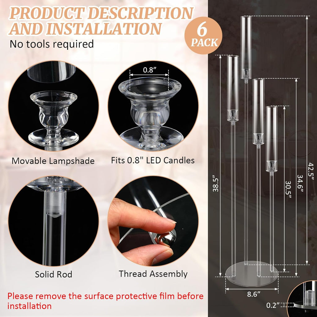Tessco 6 Pcs Acrylic Candelabra Centerpieces 42.5'' Tall 4 Arms Clear Candle Holders Wedding Table Centerpiece Floor
