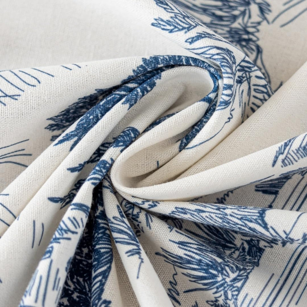 60 Inch Round Vintage Cotton Linen Tablecloth with All-Side Handmade Tassels, Blue White Classic Toile De Jouy
