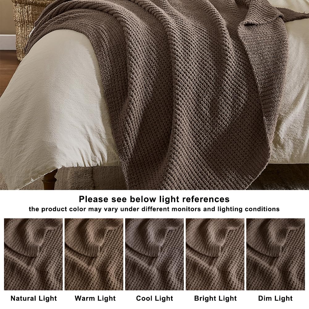 Taupe Waffle Throw Blanket for Couch Bed, Reversible Super Soft Plush Knitted Blanket, Lightweight Cozy Fuzzy Fluffy