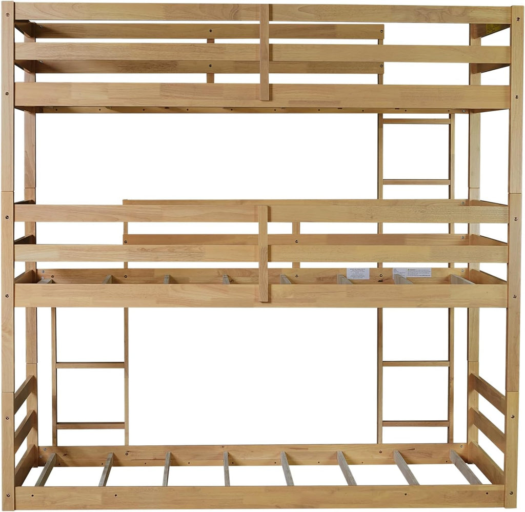 Triple Twin Bunk Bed, Solid Rubberwood 3-Tier Bed with 2 Ladders & Guardrails