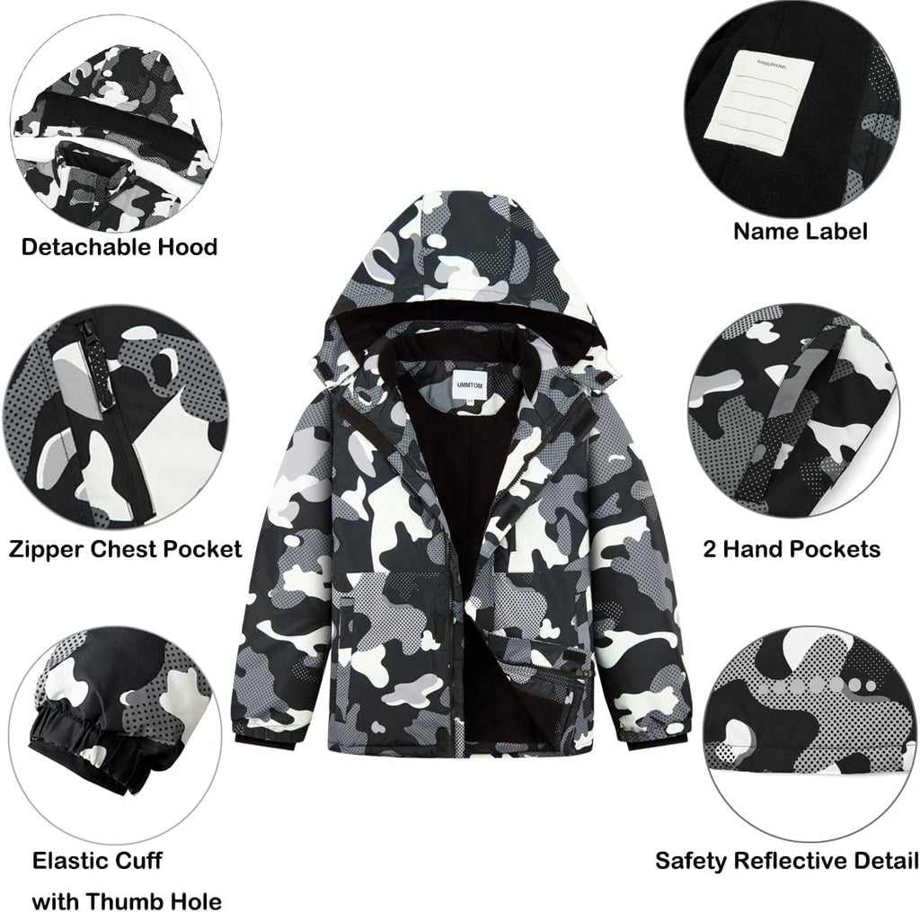 Boys Waterproof Ski Jacket Fleece Lined Warm Winter Snow Coat Hooded Winter Jacket for Kids