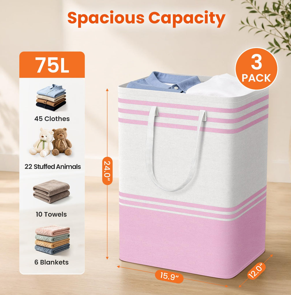 3-Pack Laundry Basket, Laundry Hamper, Pink-75L