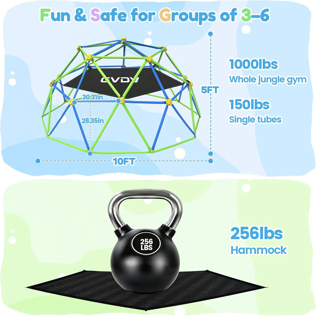 10 FT Climbing Dome with Hammock, Certified Jungle Gym for Kids 3-12