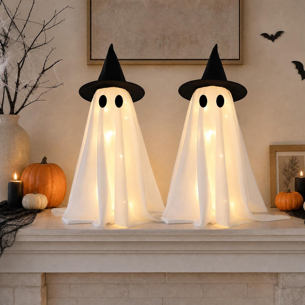 Halloween Decorations Light-Up Ghosts with Witch Hats - Set of 2